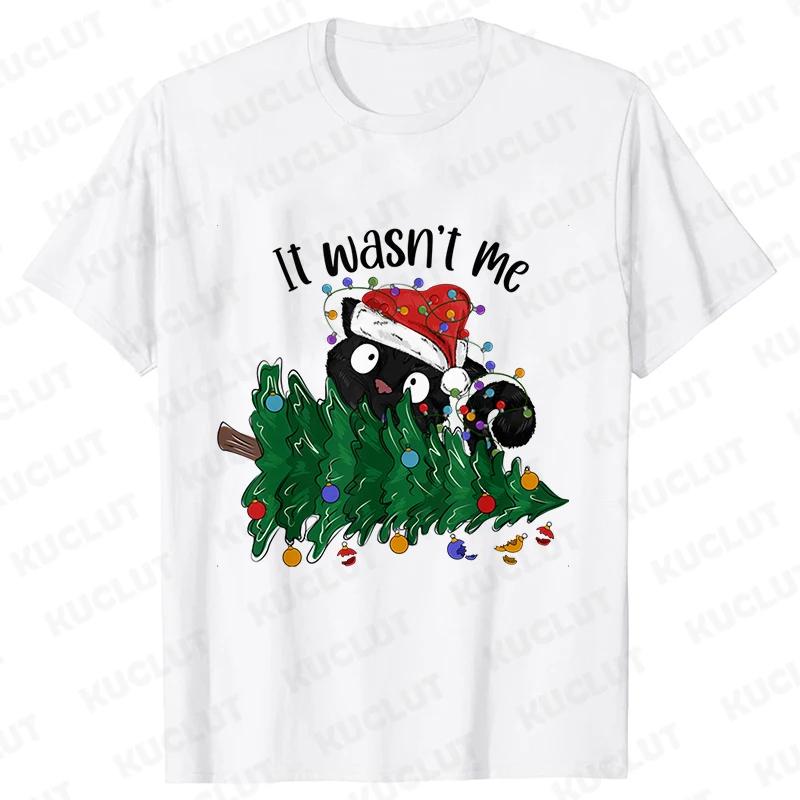 It Wasn's Me Christmas Cat Men T-shirt Christmas Tree Casual Fashion Xmas Aesthetic Short Sleeve Tees