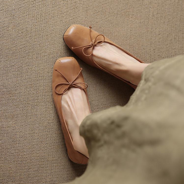 Retro Style Thick Heel First Layer Cowhide Round Head Single Shoes Women's Bow Women's Shoes Professional Women's Shoes