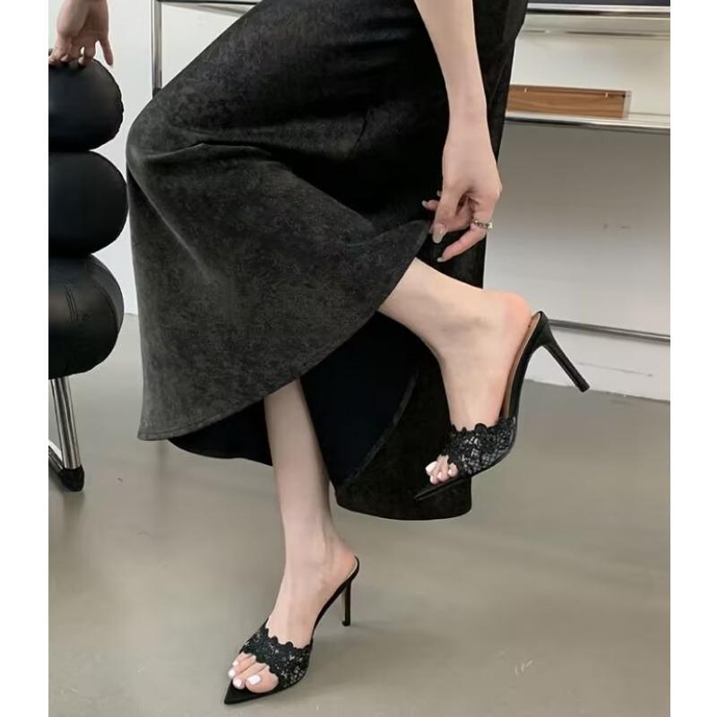 French Champagne Lace Embroidered Pointed High-heeled Slippers Women's Versatile Sexy Celebrity Fish Mouth Stiletto Sandals