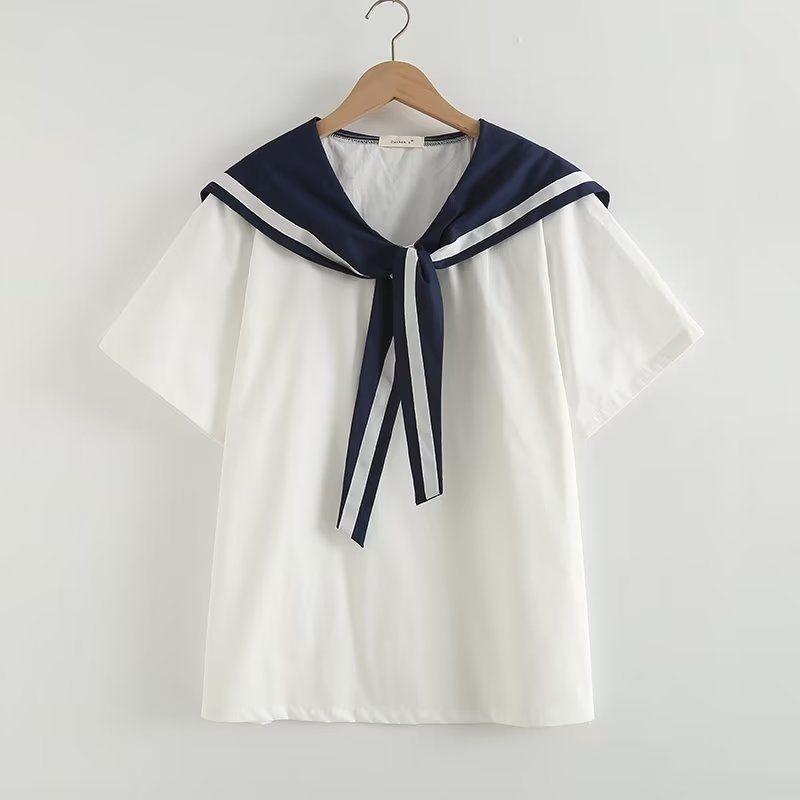 

2023 Свободная сине-белая рубашка в японском стиле с матросским воротником, летняя рубашка с коротким рукавом для женщин, униформа JK, летний колледж-стиль, матросский костюм White knot style One size