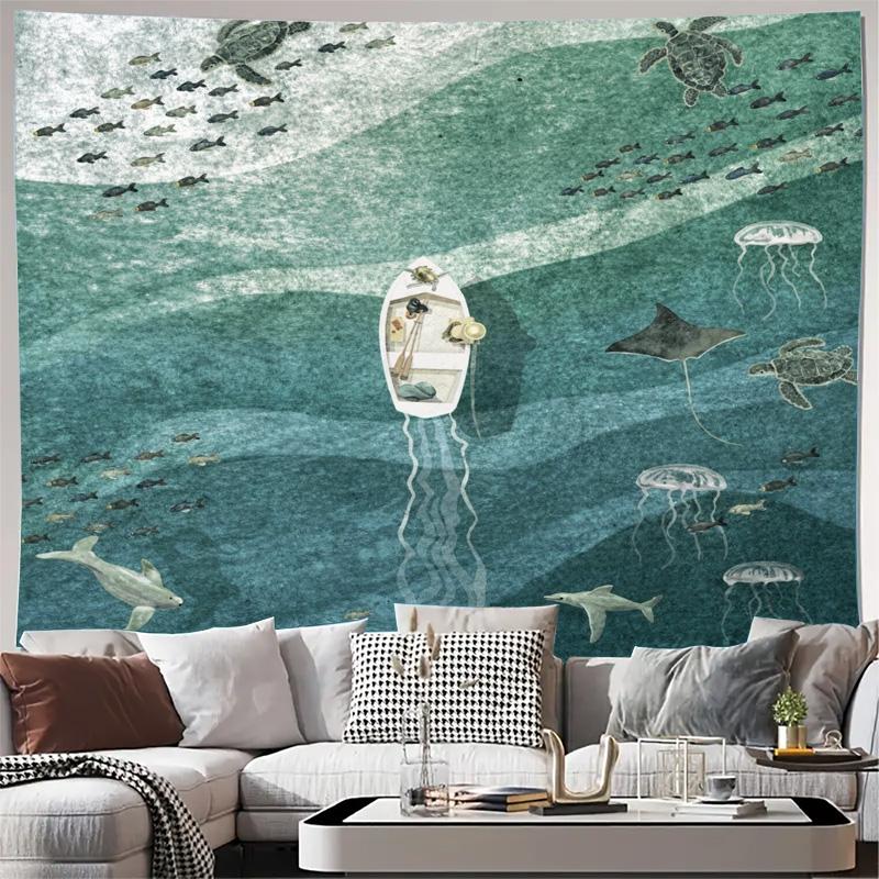 Aesthetic Underwater Ocean Sea Life Tapestry Wall Hanging Nautical Marine Coastal Decor Bohemian Tropical Jungle Art Room Decor