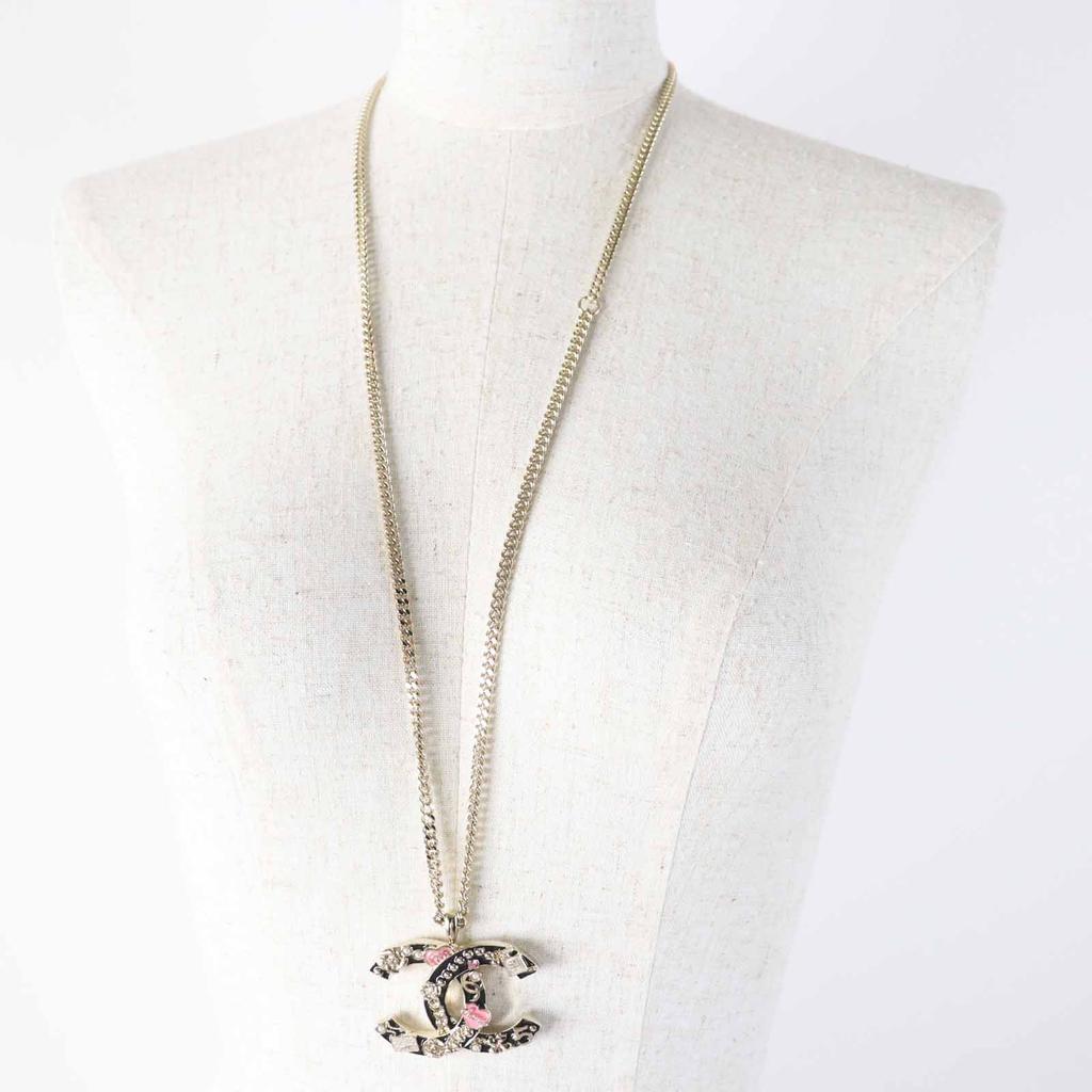 CHANEL Necklace Camellia Perfume Bag Icon Design COCO Mark black Pinkgold B24P Used