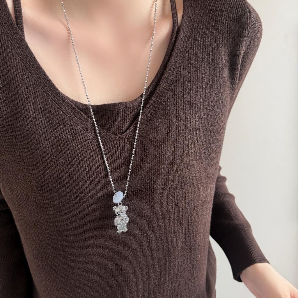 Korean Cute Ins Teddy Bear Titanium Steel Long Necklace, Minimal Versatile Sweater Chain