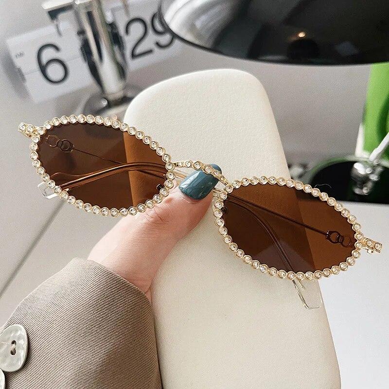 Diamond Oval Ladies Sunglasses Luxury Brand Diamond Small Glasses Japanese and Korean Metal Trend Decoration Oculos De Sol