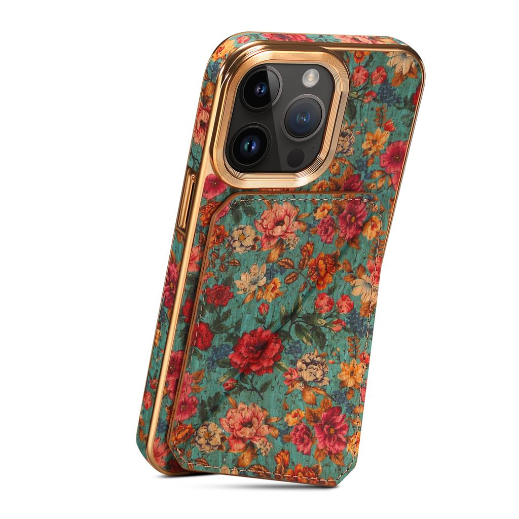 For iPhone 15 Pro Max Card Slots Kickstand Phone Case PU Leather Coated PC+TPU Flower Pattern Printed Cover