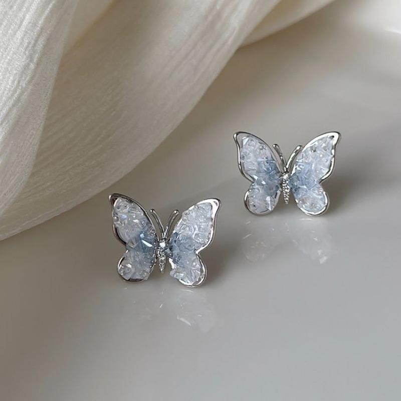 Silver needles small fresh gradual change artificial crystal butterfly stud earrings ear buckle explosion atmosphere flower earrings earrings women