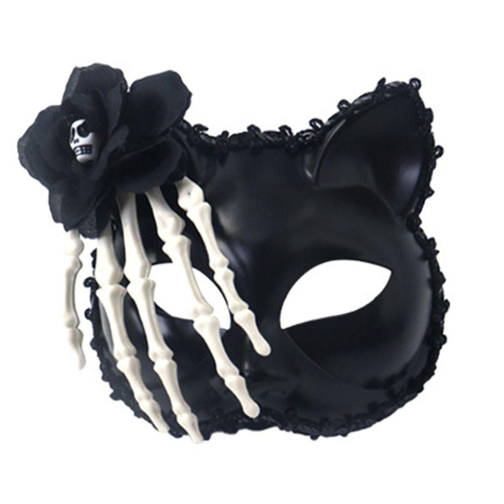 

Paintable Skull Flower Half Face Cat Mask Plastic Masquerade Mask Craft Halloween Mask Party білий