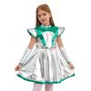 Girls Alien Costume Shimmering PU Patchwork Dress Cap Sleeve Arm Warmers Space Theme Halloween Outfit