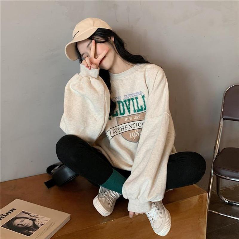 Women Long Sleeve O Neck Loose Pullovers Female Tops Solid Color Sweatshirts