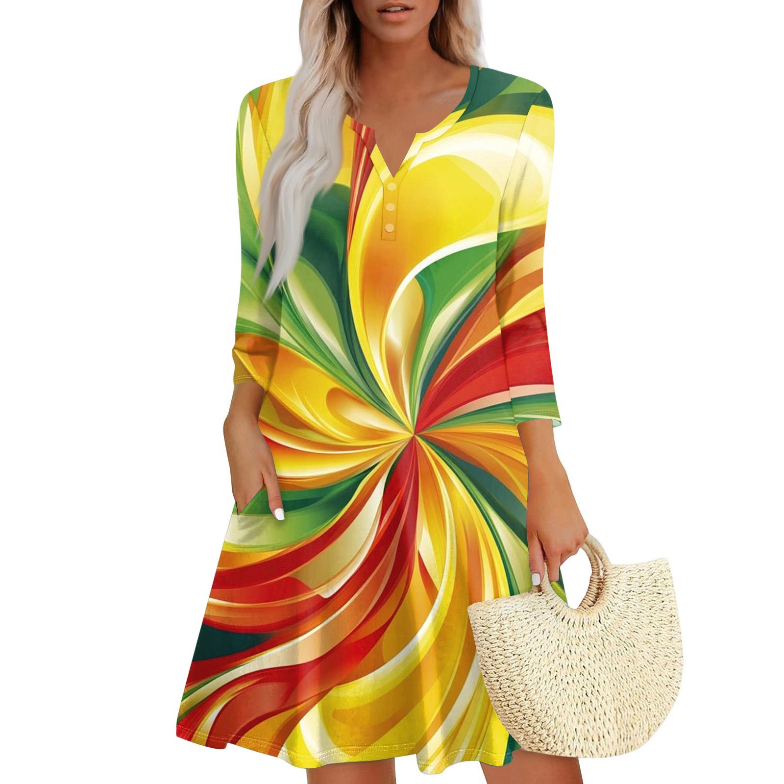 

Women s Dress Loose V Neck Three-quarter Sleeve With Pockets Dress XL жовтий