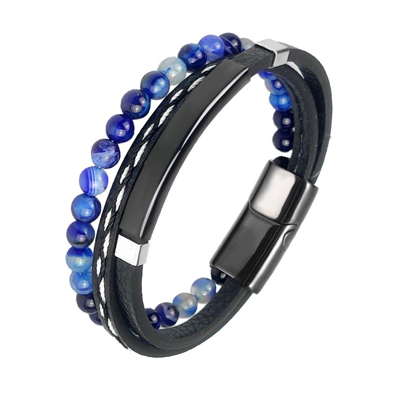 MingAo Charm Herrenschmuck Naturstein Mehrschichtiges Lederarmband Schwarzer Edelstahl Magnetischer Verschluss Tigerauge Perlenarmband