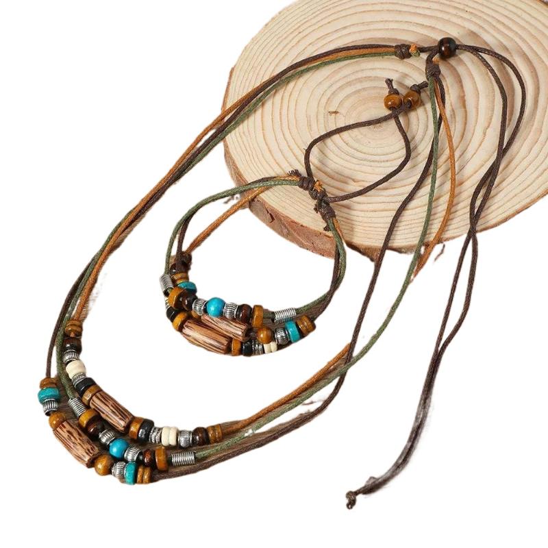2Pcs/Set Multi-Layer Vintage Wood Beads Pendant Leather Beaded Weaved Prayer Necklace& Bracelet  Jewelry Gifts