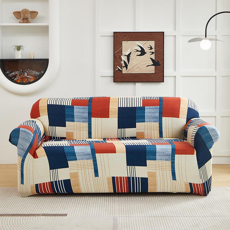 

Геометрический чехол на диван из молочного шелка с трафаретной печатью: Всесезонный, Нескользящий, Двойной чехол на подлокотник 1-seater: 90-140cm