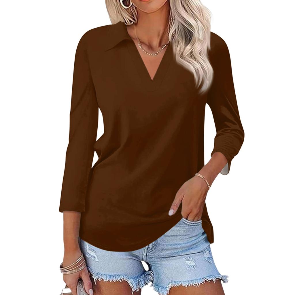 Women's Casual V-Neck Three-Quarter Sleeve Blouse with Print for Summer