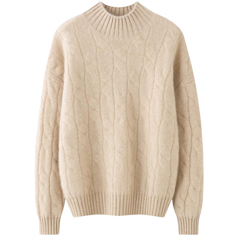 Women's Cashmere Cable Knit Sweater - Half-High Neck, Thick, Loose Fit, Versatile Slimming Knitwear for Autumn/Winter