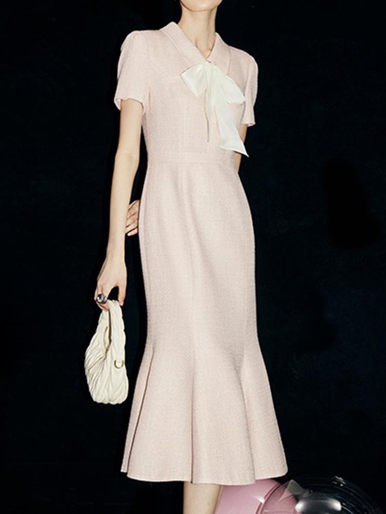 

High-End Sweet Lace-Up Bow Princess Fishtail Long Dress for Early Autumn XL