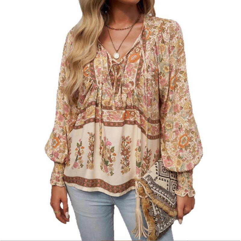 Fall Bohemia New Arrival French Romantic Print Fashion V-neck Lace-up Loose Bubble Long Sleeve Shirt Top