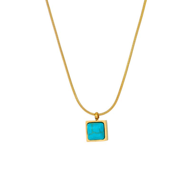 Gold Plated Herringbone Chain Square Square Turquoise Pendant Necklace