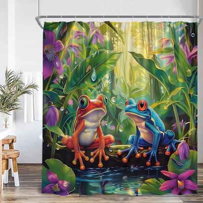 Frog Shower Curtain Summer Rainforest Tropical Forest Animal Flowers Nature Bathroom Decor Natural Bath Curtain with Hooks