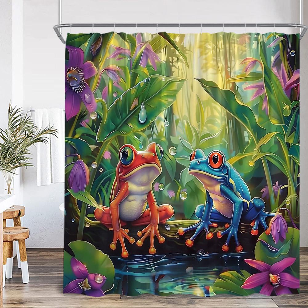 Frog Shower Curtain Summer Rainforest Tropical Forest Animal Flowers Nature Bathroom Decor Natural Bath Curtain with Hooks