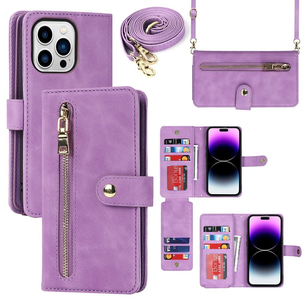 For iPhone 14 Pro Max Stand Case PU Leather Phone Cover with Straps/Zipper Wallet/Multiple Card Slots