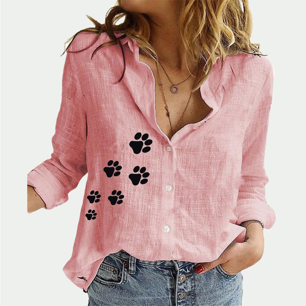 Women Fashion Lapel Collar Shirt Summer&fall Casual Long Sleeve T-shirt Print Cotton Linen Top Female Loose Blouses
