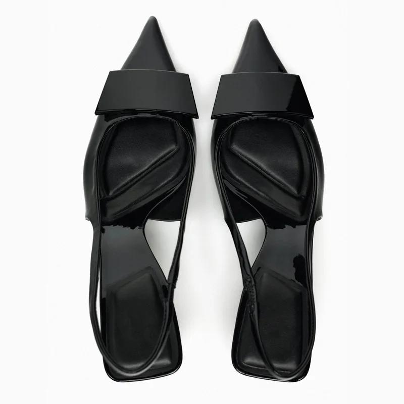 Fashion Luxury Designer Slingback Mules Heels Women Sexy Pointed Toe Patent Leather Thin Heeled Sandals Comfortable Elegant Office Shoes
