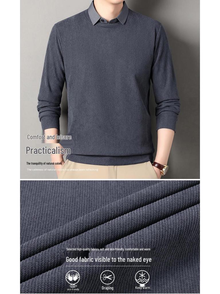Men's Winter 2025 Faux Two-Piece Fleece-Lined Sweatshirt, Solid Color, Turn-Down Collar, Thick and Warm Long-Sleeve.