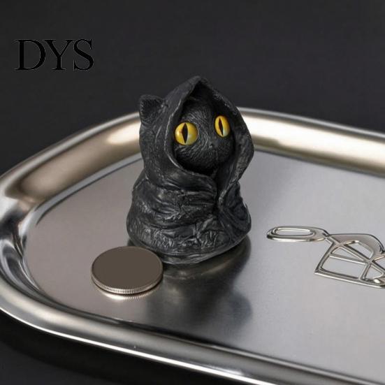 Fantasy Creature Figurine Mysterious Hooded Black Cat Resin Figurine, Gothic Wizard Statue with Big Eyes, Witch Themed Decoration Mini Desktop