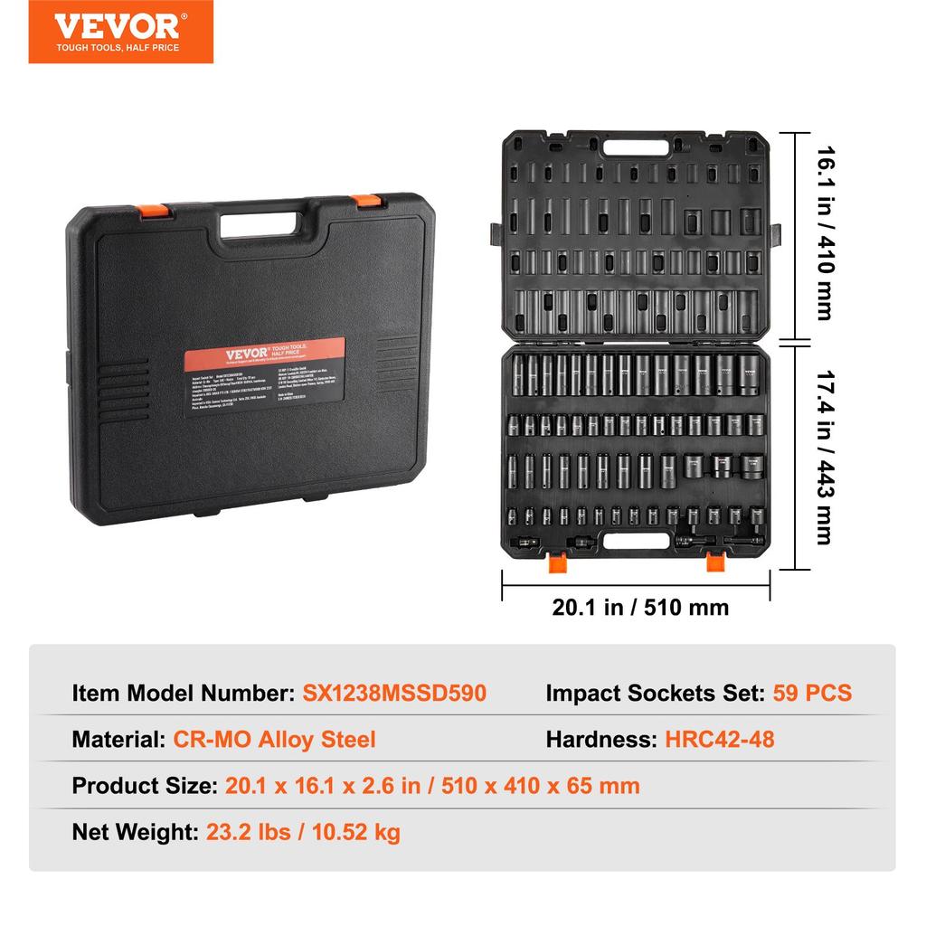 VEVOR 3/8" & 1/2" Drive Impact Socket Set, 59PCS Socket Set SAE 5/16" To 1-1/4" and Metric 6-32mm