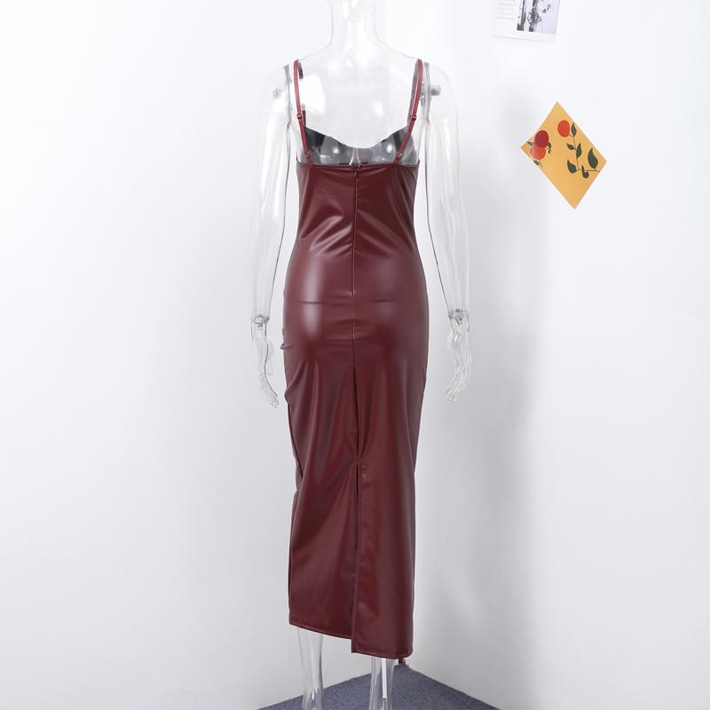 Damen Sexy Rückenfreies Slim Sling Lederkleid Mode Ärmellos Reißverschluss Paket Hüfte Lange Kleider Party Abend Robe