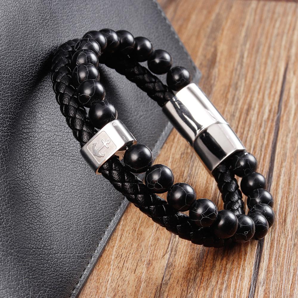 Anchor Black Leather Rope Cowhide Men's Natural Stone Leather Woven Bracelet Handmade Multilayer Leather Bracelet 2026