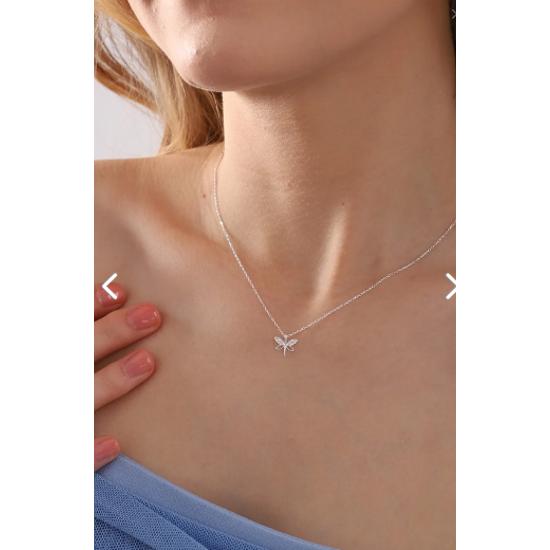 Minimale Libellen-Halskette für Damen aus 925er-Sterlingsilber mit weißem Zirkonstein