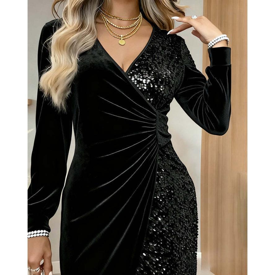 YYFS Abiti casual a vita alta con scollo a V a maniche lunghe con stampa tinta unita primavera autunno moda donna