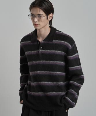 WORK ON BODY OFF Lanugo Semi-Overfit Striped Brush Collar Knit [Black]
