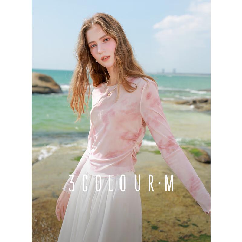 SanCai 2025 Spring Gradient Mesh Ruffle Long Sleeve T-Shirt M