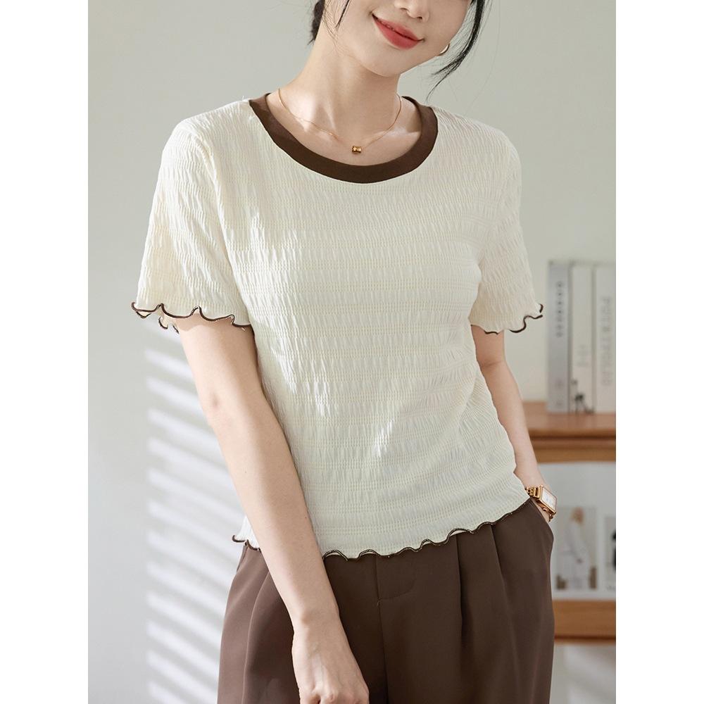 No price reduction #front shoulder short-sleeved t-shirt women's summer contrasting color round neck fungus edge design top
