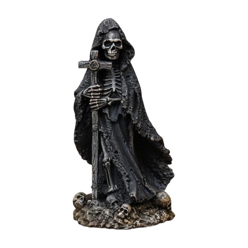 Dunkle Kapuzen-Totenkopf-Figur zur Regaldekoration, 15 cm hoch, saisonaler Raumakzent für Eingangsbereich, Wohnzimmer und Party-Dekoration