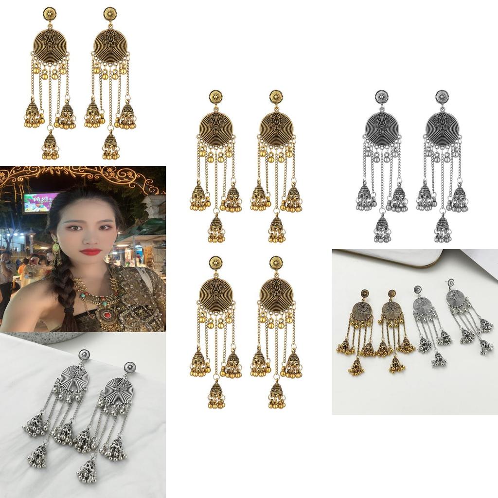 Ethnic Inspired Long Drop Earrings With Bell Tassels And Flower Motif For Ladies