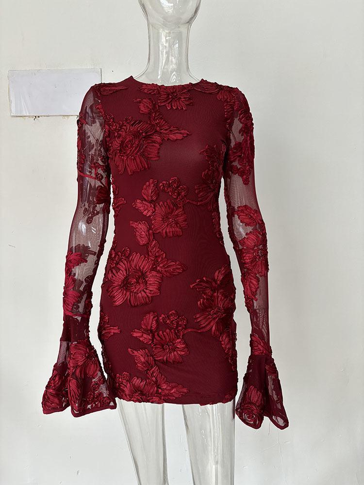 Floral Embroidered Backless Halter Dress with Trumpet Sleeves