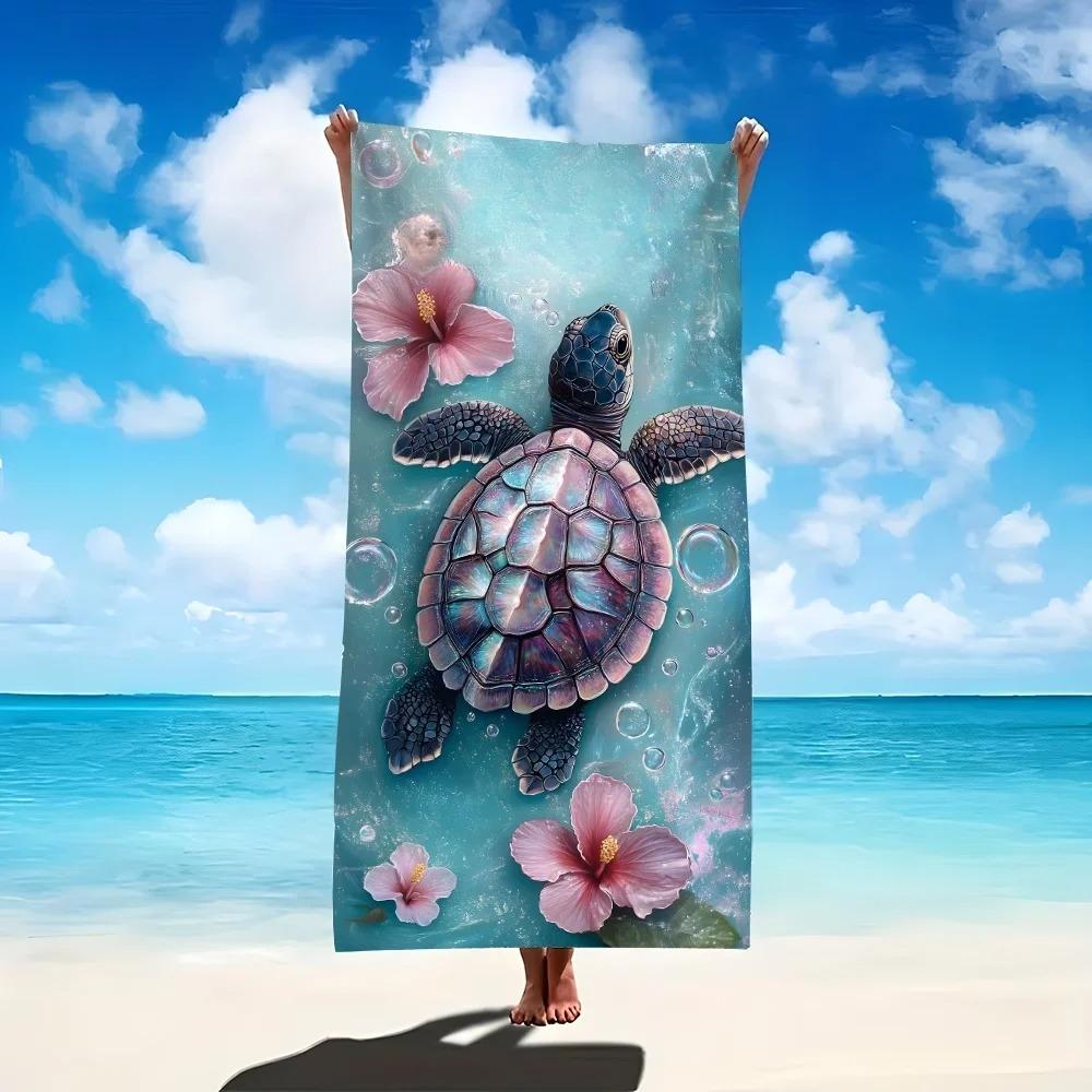 Personalisierbares Meeresschildkröten Strandtuch Mikrofaserhandtuch Schnelltrocknend Super Saugfähig Anti-Sand Hibiskusmuster Für Strandtuch