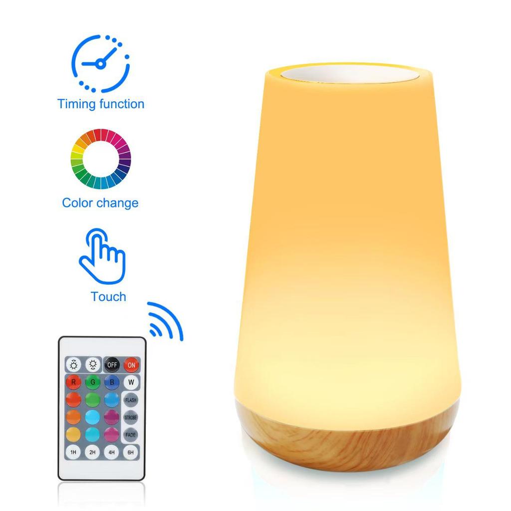 Wood Grain Touch Remote Bedside Table Lamp - 13-Color Night Light with Tap Control