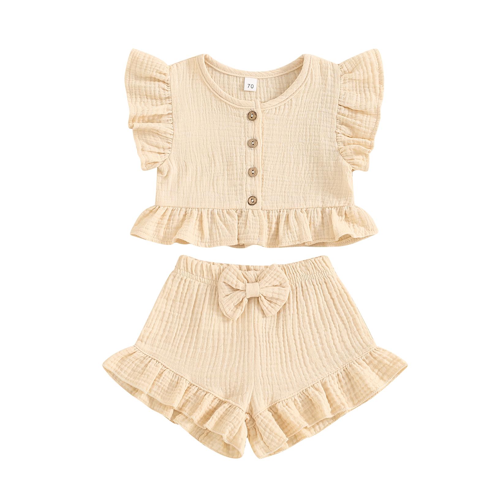 

Летний комплект из 2 предметов для маленькой девочки, топ с оборками на пуговицах и рукавами-крылышками, шорты с эластичной резинкой на талии, комплект для малышей 2-3 Years
