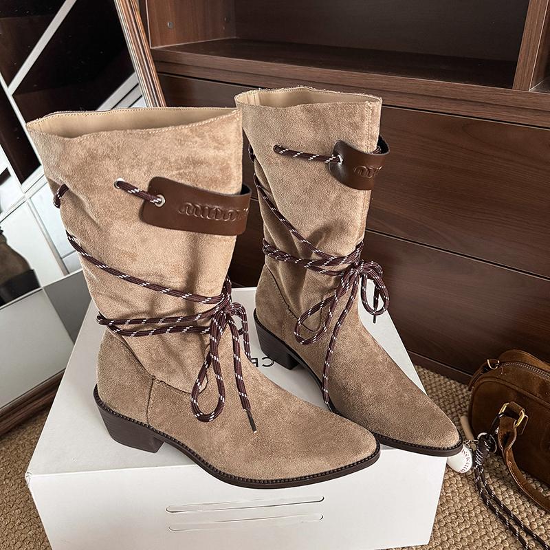 Fashion Autumn Winter Thick Heel Western Boots Women 2025 Sexy Pointed Toe Mid Calf Boots Woman Slip On Faux Suede Riding Botas Mujer