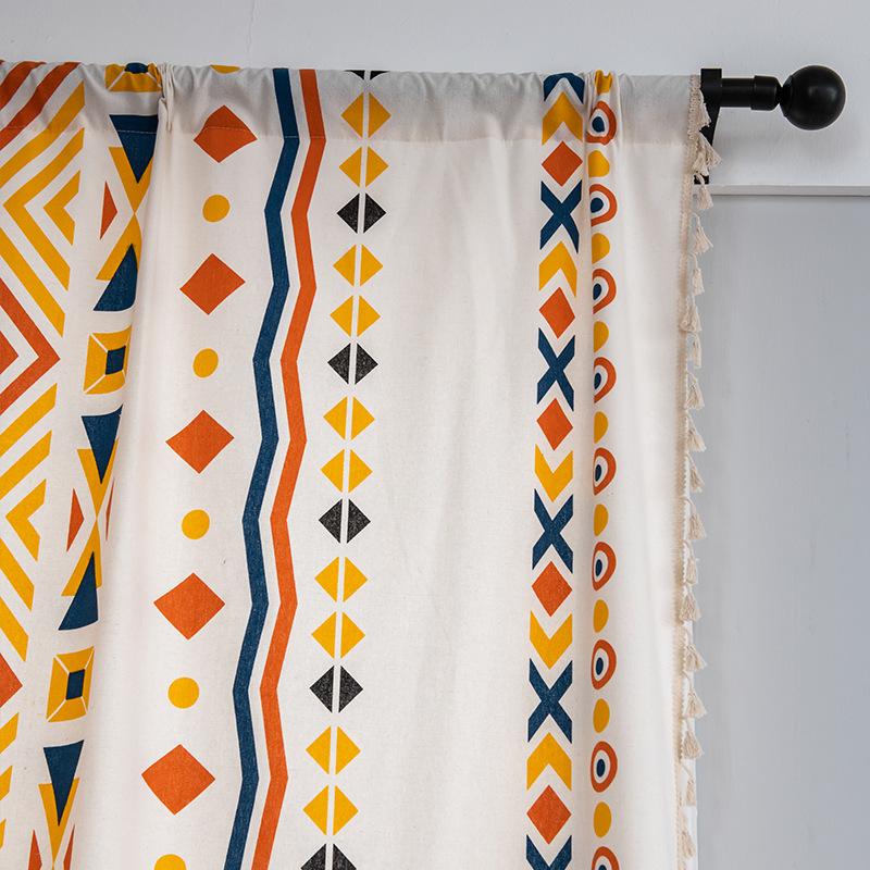 Curtains Finished Cotton And Linen Print Beige Fringed Windows Bohemian Kitchen Bay Windows