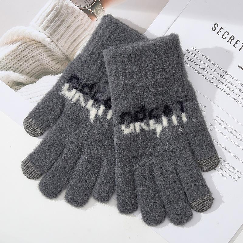 Touchable Screen New Autumn and Winter Men's Knitted Warm Gloves Cycling Cold Proof Letters Jacquard Cycling Fingers Five Fingers