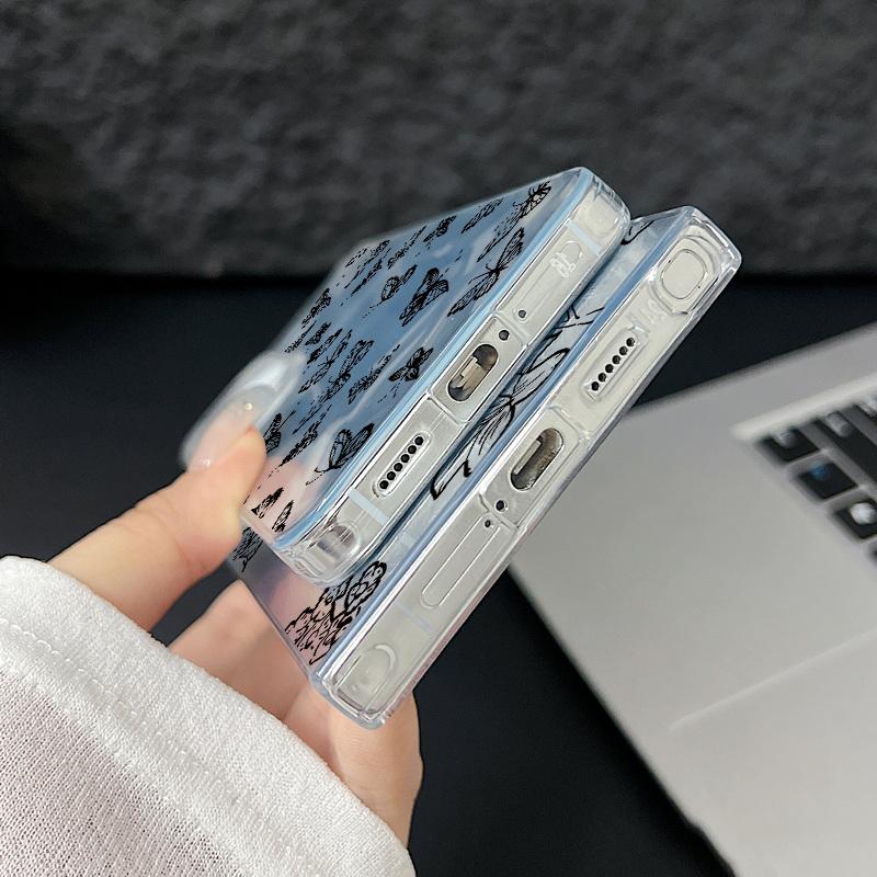 Black Butterfly Print Glitter Glossy Phone Case For Samsung S25 S24 FE S23 Ultra A56 A36 A55 A16 A15 TPU PC Hybrid Shockproof Slim Clear Bumper Cover