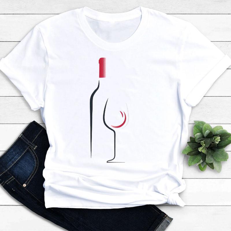 Womens Vintage Tee Color Wine Glass Print a Generation Hair Base Shirt Trend Aesthetic Graphic T Shirts Casual Tops