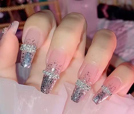 Secret Lives® Acrylic Press On Nails Designer Long Artifical Extension Beautiful Fake Long Light Pink Color with Studs & Greyish Black Glitter
