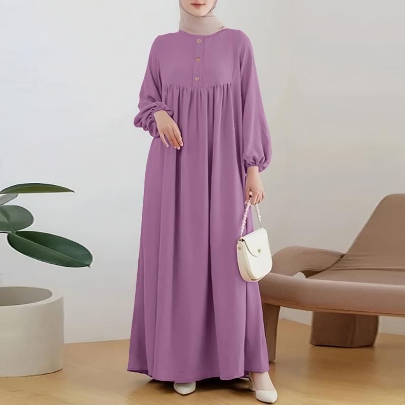 ZANZEA Women Casual Round Neck Solid Color Loose Long Sleeve Dress